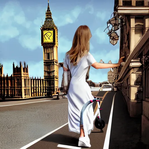 Prompt: a sketch drawing, a woman on a scooter, dressed in a white dress with a floral print, a view of big ben,, photorealistic, by gabo mendoza, trending on artstation