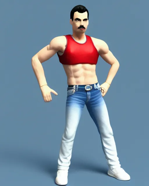 Image similar to full body 3 d render of freddie mercury, white sleeveless tank top blue jeans as a funko pop!, four, studio lighting, white background, single body, no shadow, blender, trending on artstation, 8 k, highly detailed