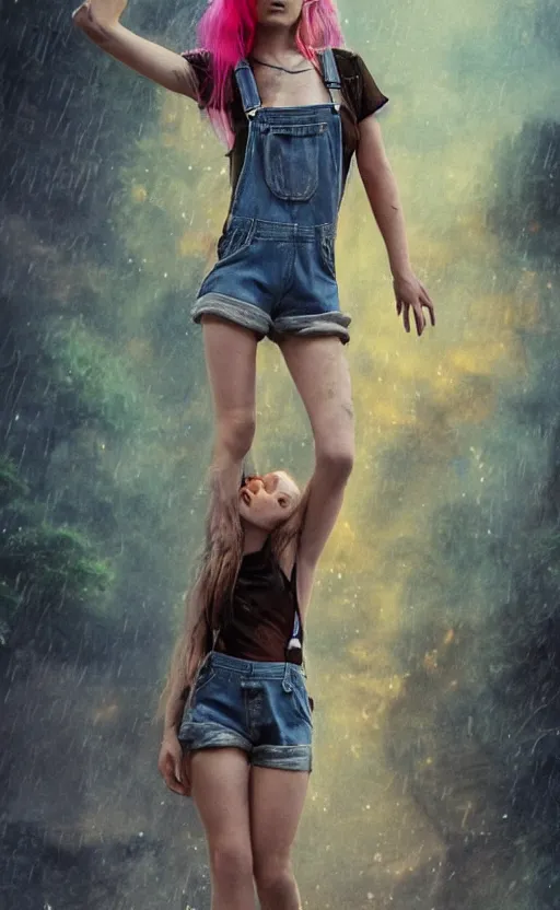 Prompt: Full body, attractive grungy woman with rainbow hair, soft eyes and narrow chin, fit dainty figure, long hair straight down, torn overalls, short shorts, fishnet stockings, combat boots, basic white background, side boob, in the rain, wet shirt, luscious, style by Jordan Grimmer and greg rutkowski, crisp lines and color,