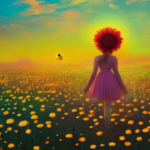 Image similar to giant daisy flower in front of head, full body girl floating in a flower field, surreal photography, sunrise, dramatic light, impressionist painting, colorful clouds, digital painting, artstation, simon stalenhag