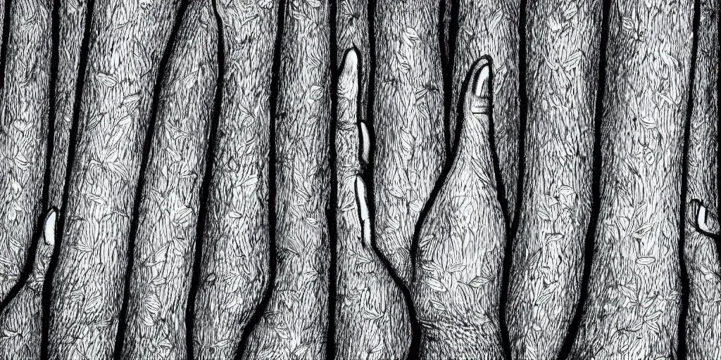 Image similar to hands stretched to form trees, grayscale, stippling