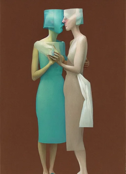 Prompt: two women hugging paper bag over the head translucent dress made of plastic bags Edward Hopper and James Gilleard, Zdzislaw Beksinski, highly detailed