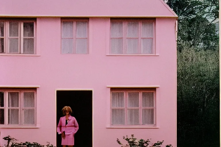 Prompt: film photography from 7 0 s, pink house with many windows, soft light, golden hour, in style of joel meyerowitz