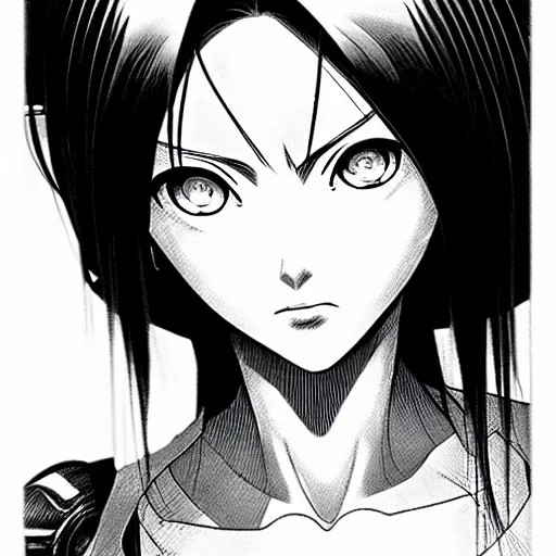 Image similar to alita by yukito kishiro. medium shot. black and white manga. pencil drawing. high detailed face