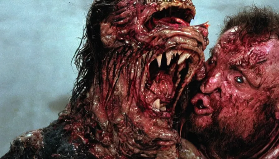 Image similar to a disgusting vile demonic monster eating a man from The Thing, kaiju by Cronenberg and visceral greg nicotero