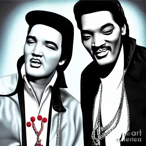 Image similar to elvis presley and snoop dog singing a duet, black velvet, digital art