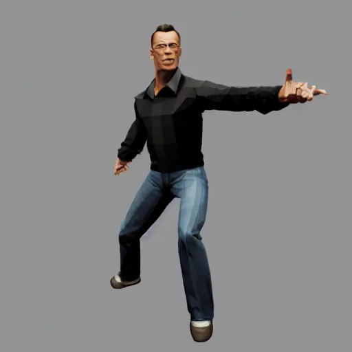 Prompt: a render of a low poly 3d model of 90's Jean Claude Van Damme, psx style, playstation 1 graphics, model is t-posing, black bg