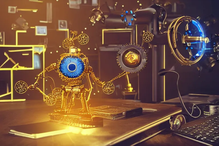 Prompt: photo of a golden and blue metal steampunk office robot with gears and tubes sitting in a modern office, on the table is a suitcase with money, eyes are glowing red lightbulbs, shiny crisp finish, 3 d render, 8 k, insaneley detailed, fluorescent colors, background is multicolored lasershow