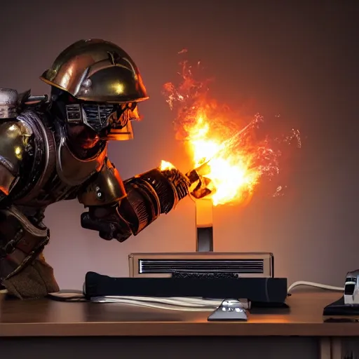 Image similar to angry man in juggernaut armor burning a desktop tower pc with a military flamethrower
