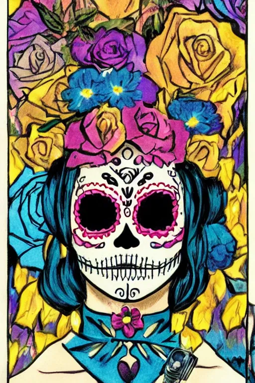 Prompt: Illustration of a sugar skull day of the dead girl, art by howard chaykin