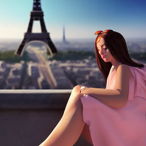 Image similar to A young beautiful giantess wearing a sundress sitting on the Eifel tower,her feet are visible ,detailed body and face, beautiful lighting,digital art , highly detailed , high contrast, beautiful lighting, award winning , trending on art station, 8k, photorealistic,unreal engine 5