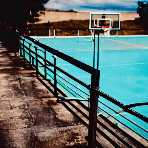 Image similar to film photo of a pool railing next to a basketball net and a retro car