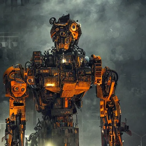 Image similar to mecha made from car parts, dark messy smoke - filled cluttered workshop, dark, dramatic lighting, orange tint, cinematic, highly detailed, sci - fi, futuristic, movie still from blade runner