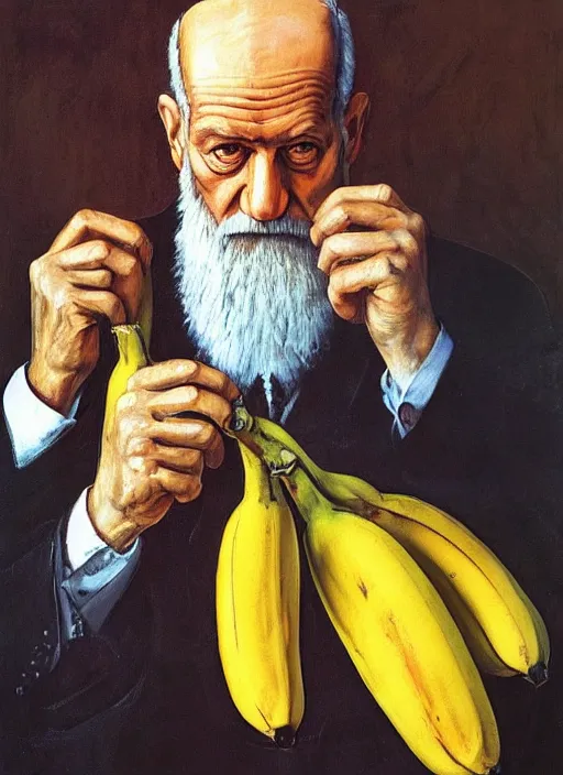 Prompt: “portrait of sigmund freud holding and looking at a single banana, one banana, by Lucian freud, Freudian, visible brush strokes, in oil”