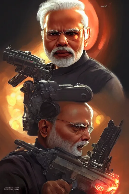 Prompt: Narendra Modi as Terminator, Narendra Modi hairstyle and beardstyle, full body realistic portrait, highly detailed, digital painting, artstation, concept art, smooth, sharp focus, illustration, cinematic lighting, art by artgerm and greg rutkowski and alphonse mucha