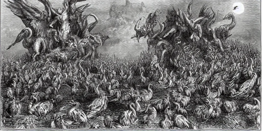 Image similar to cerberus with angry geese as its heads, guarding the gates of hell, art by gustave dore