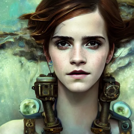 Image similar to underwater steampunk portrait of emma watson, hyper detailed, digital art, cinematic lighting, studio quality, smooth render, unreal engine 5, octane rendered, art style by klimt and nixeu and ian sprigger and wlop and krenz cushart.