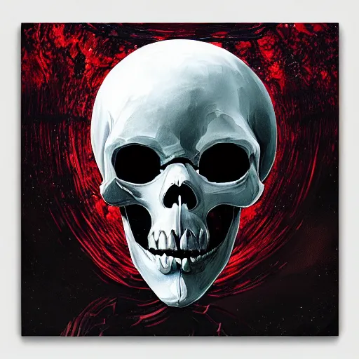 Image similar to alien skull and skeletons in darkness organic android anatomy dark cosmic horror style menacing scary style heavy brushstrokes dramatix album cover red drippy metal material