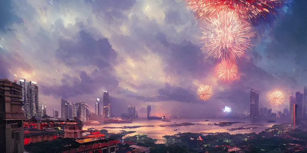 Prompt: Singapore city with a lion-shaped!!!!! cloud in the sky and fireworks in the sky, by greg rutkowski, red and white lighting, digital art, ultra realistic, ultra detailed, photorealistic, 4k, character concept