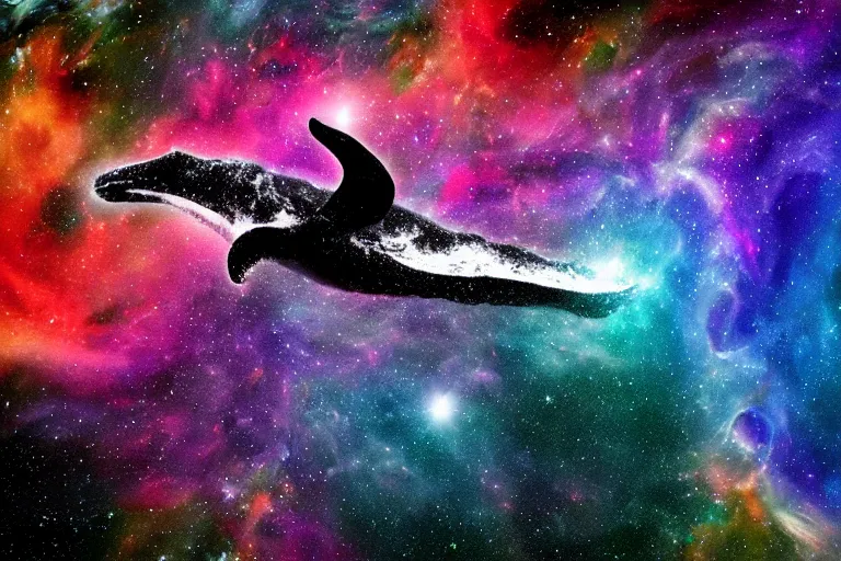 Image similar to a humpback whale made of a cosmic map swimming through a colorful space nebula with a black hole, event horizon, digital art, photorealistic