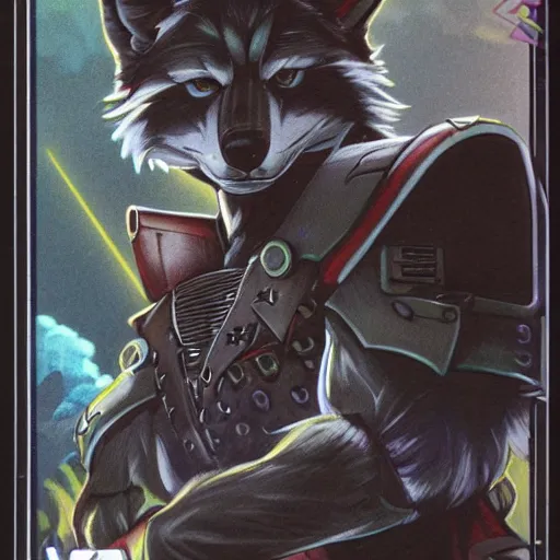 Image similar to 1 9 8 0 s video game art portrait of anthropomorphic wolf o'donnell from starfox fursona furry dark grey wolf in a dark space mercenary uniform, looking heroic, magazine scan, 8 0 s game box art, dark grey wolf o'donnell