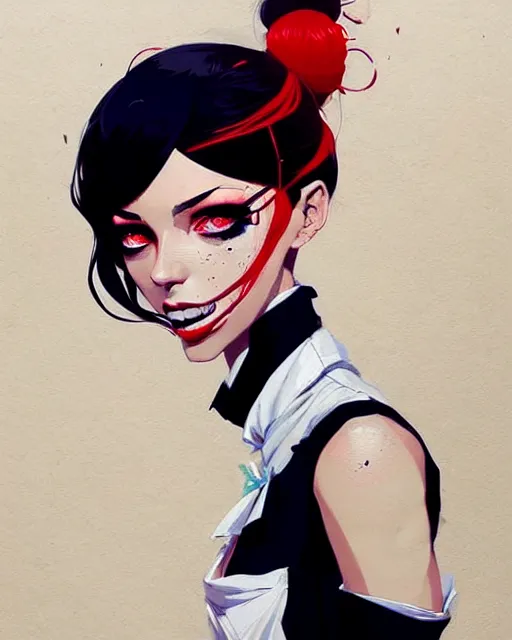 Image similar to a ultradetailed portrait painting of a stylish woman wearing french maid outfit, by conrad roset, greg rutkowski and makoto shinkai trending on artstation