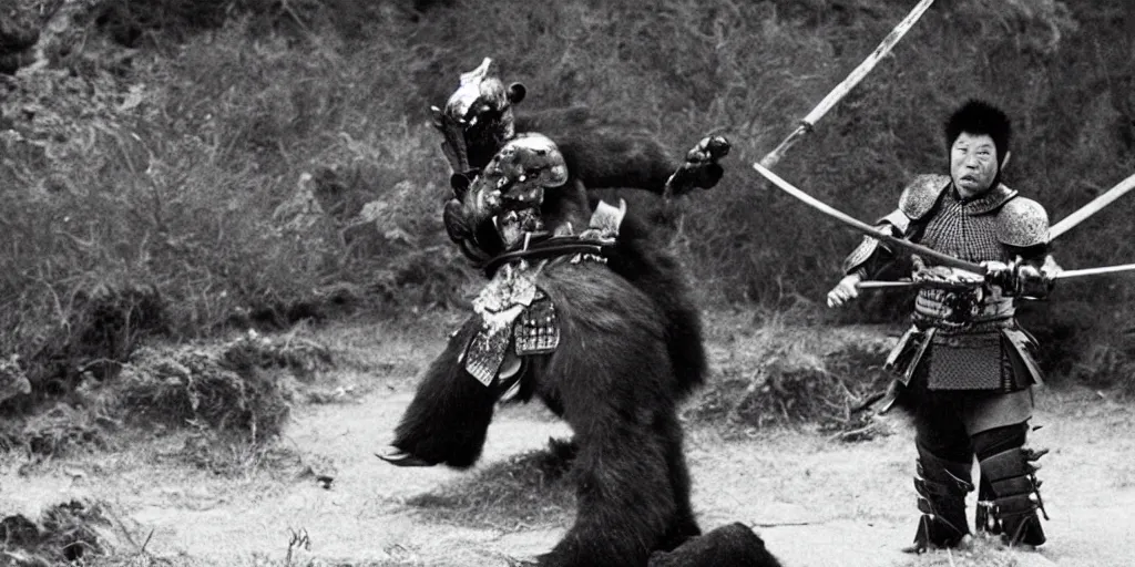 Image similar to scene from Kagemusha, 1980, movie still, cinematic, anthropomorphic, half man half asian black bear, black bear samurai, Moon Bear Samurai, epic, samurai