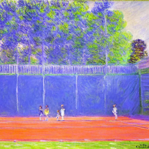 Image similar to tennis court, art by claude monet, impressionism, oil painting, bright colors, advertising painting