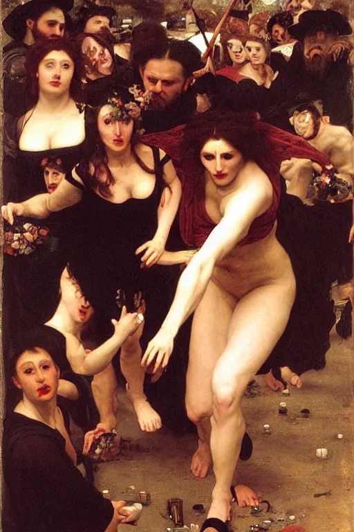 Image similar to a renaissance oil painting by alma tadema of demonic beautiful vampire woman mistress of death mourning widow running in fear from a group of muscular gigachad men, faint smile dark lipstick, dark lit candles, colourful pastel trending artstation, detailed portrait academic bouguereau caravaggio high shadow contrast medium shot