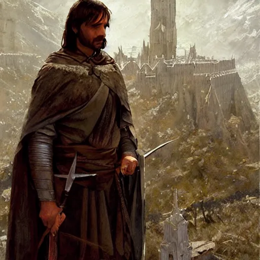 Prompt: aragorn coronation in minas tirith, painting by craig mullins greg rutkowski, strong contrast,