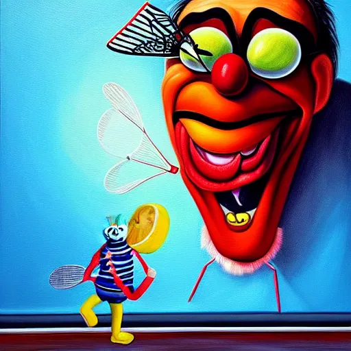 Prompt: hyperrealism painting from the housefly perspective getting swatted at from an angry clown man with a fly swatter in the kitchen