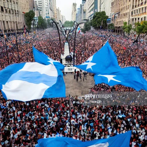 Image similar to Lady Gaga as president, Argentina presidential rally, Argentine flags behind, bokeh, giving a speech, detailed face, Argentina