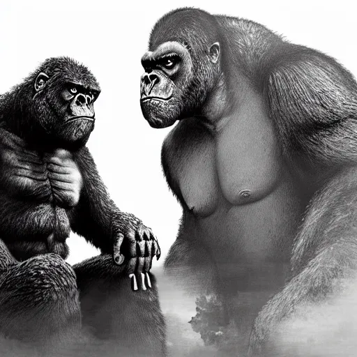 Prompt: a portrait of godzilla and king kong sitting down 1 8 a cup of tea digital concept art