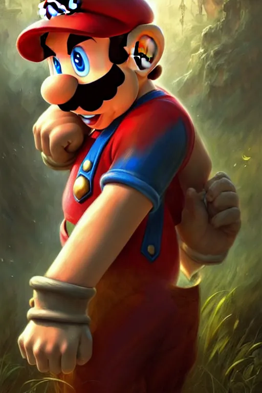 Prompt: mario after battle beaten and bruised, fantasy magic, light night, intricate, elegant, sharp focus, illustration, highly detailed, digital painting, concept art, matte, art by wlop and artgerm and ivan shishkin and andrey shishkin, masterpiece
