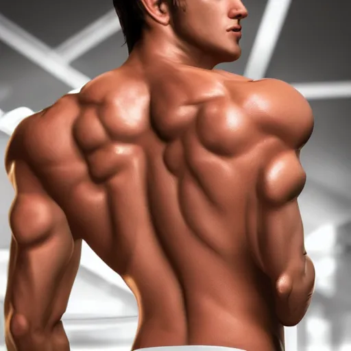 Image similar to a realistic detailed photo of a male fitness model who is also a male android, diego di marco, shiny skin, posing robotically, blank stare