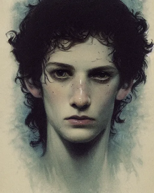 Prompt: a beautiful but sinister young man in layers of fear, with haunted eyes and wild hair, 1 9 7 0 s, seventies, woodland, a little blood, moonlight showing injuries, delicate embellishments, painterly, offset printing technique, by alexandre cabanel