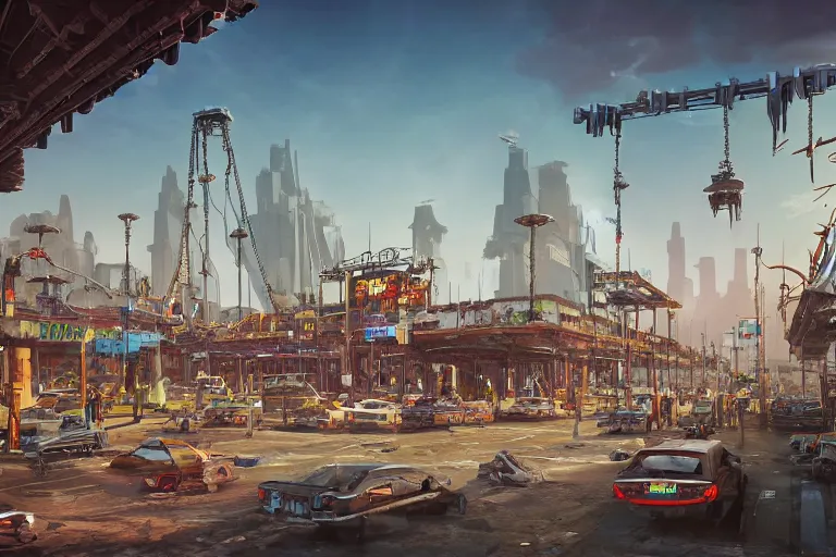 Image similar to hyperrealistic matte painting of aztec temples in a future environment with flying cars, mechanical features and neon, graffiti, scaffolding, smog, destruction by filip hodas, beeple, 4 k, trending on cgsociety