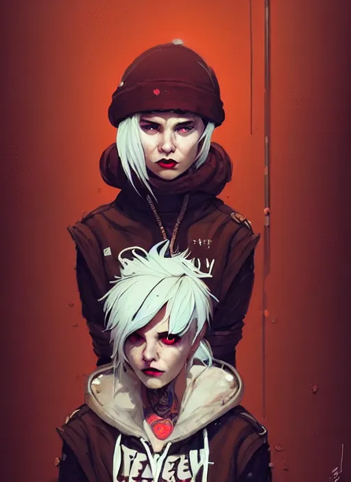 Image similar to highly detailed portrait of a sewer punk canadian lady, tartan hoody, white hair by atey ghailan, by greg rutkowski, by greg tocchini, by james gilleard, by joe fenton, by kaethe butcher, gradient red, brown, blonde cream and white color scheme, grunge aesthetic!!! ( ( graffiti tag wall background ) )