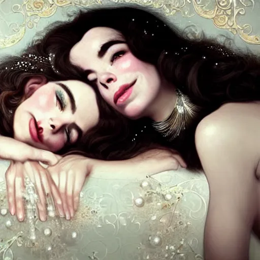 Image similar to stunning photo of dark - haired goddesses vanessa kirby and bjork smiling, laying back on a pillow, with melted white pearls all over their faces, a beautiful closeup, wet lips, perfect eyes, insanely detailed, elegant, by mucha, wlop, rutkowski, livia prima