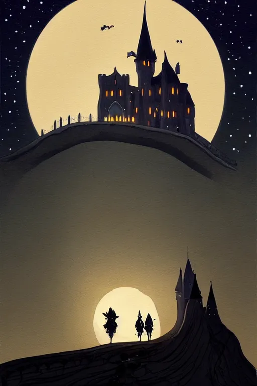 Image similar to a poster style painting of at night, a gothic castle on a cliff with a starry moon 🌙 in the background ， by abigail larson, 8 k, hd, artstation