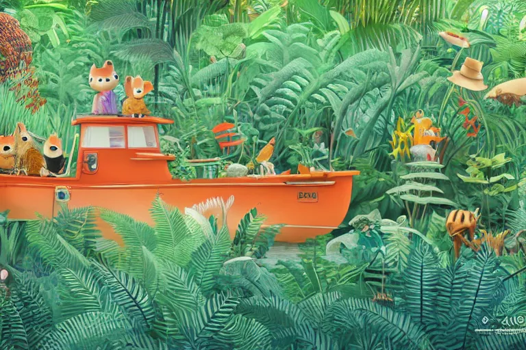 Prompt: unusual animal in boat surrounded by ferns, jungle, hyper detailed, unreal engine render concept art, style of henri rousseau and richard scarry and hiroshi yoshida