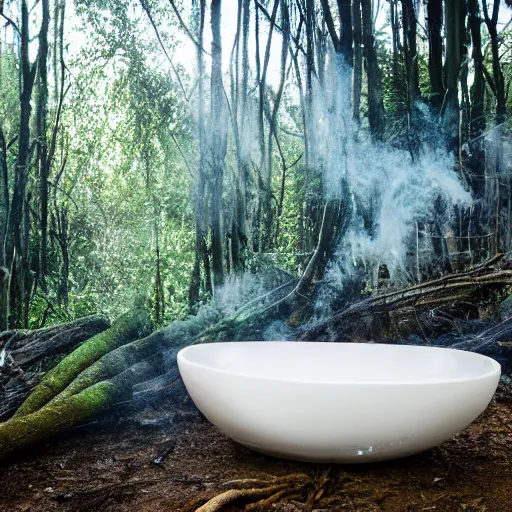 Image similar to pristine porcelain bath filled with bubbles in a clearfelled jungle, slash and burn, deforestation, tree stumps, smouldering charred timber
