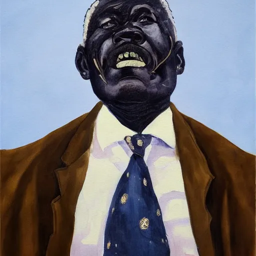 Prompt: a painting of a fatherly wide forehead, round face, XXL , loving, caring, generous, ever-present, humble, wise elder from Kenya in a suit by Wangechi Mutu . Fatherly/daddy, focused, loving, leader, relaxed. blue background, ethereal lights, details, smooth, sharp focus, illustration, realistic, cinematic, artstation, award winning, rgb , unreal engine, octane render, cinematic light, macro, depth of field, blur, , highly detailed epic cinematic concept art CG render made in Maya, Blender and Photoshop, octane render, excellent composition, dynamic dramatic cinematic lighting, aesthetic, very inspirational, arthouse.