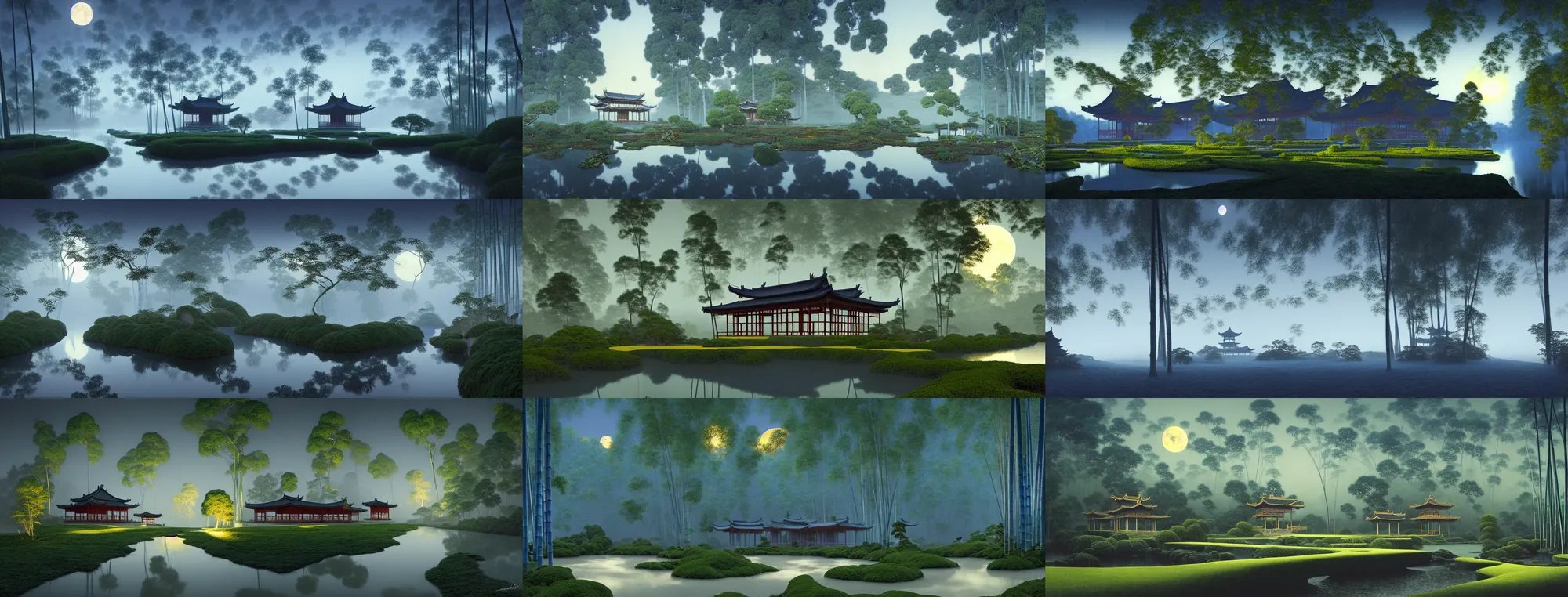 Image similar to a gorgeous landscape painting by barlowe wayne maxfield parrish and marco mazzoni. farmhouse under bamboo forest. chinese temple. drak blue night sky. just one winter moon!! wet winding steps. ultra clear detailed. 3 d, octane render. river. fog. 8 k