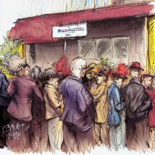 Image similar to A beautiful painting of a group of people waiting in line to vote. burnt umber by Sam Kieth magnificent