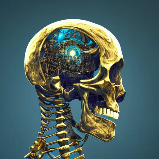 Image similar to hyperdetailed robotic skeleton head with blue human eyes, human eyes, symetry, golden ratio, iconography, intricate, detailed, volumetric lighting, scenery, digital painting, highly detailed, artstation, sharp focus, illustration, artstation, detailed cel shaded