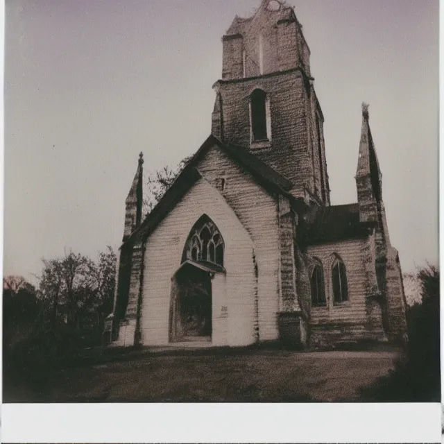 Prompt: very beautiful polaroid photo of a disintegrating church