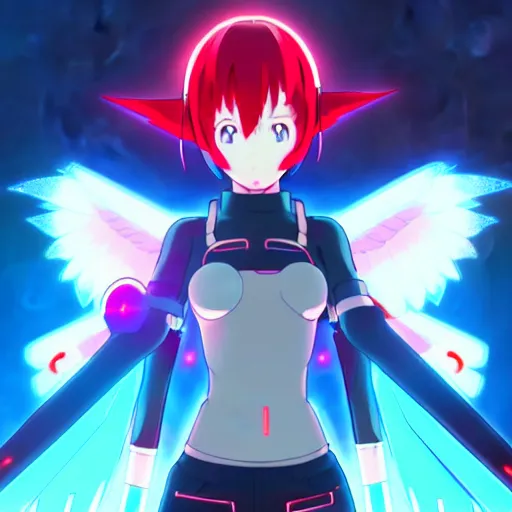 Image similar to anime cyberpunk movie still from pokemon in the style of digimon : : small female android cyborg - angel, glowing red left eye and glowing blue right eye : : cinematic lighting, advanced digital cyberpunk art : : wlop, rossdraws sakimimichan, ilya kuvshinov, krenz cushart, greg rutkowski