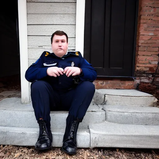 Prompt: clean - shaven chubby chubby chubby 3 2 year old caucasian man from uk. he is wearing navy police sweater and necktie and black boots and police helmet. he is sitting on the porch of his house at night.
