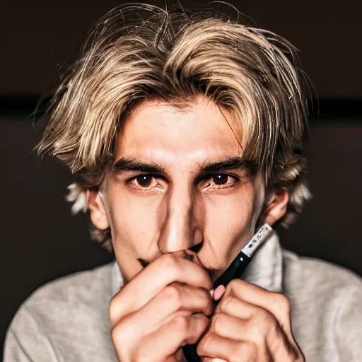 Image similar to a closeup photo of really handsome xqc smoking,